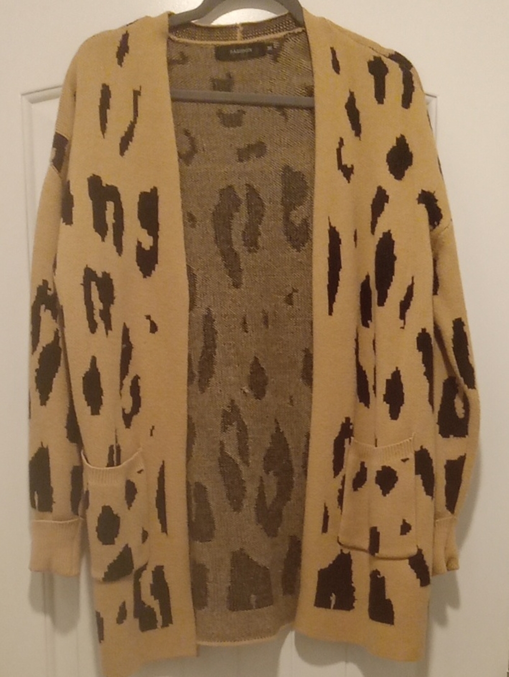 QTan and Black Leopard-Print Open Cardigan With pockets